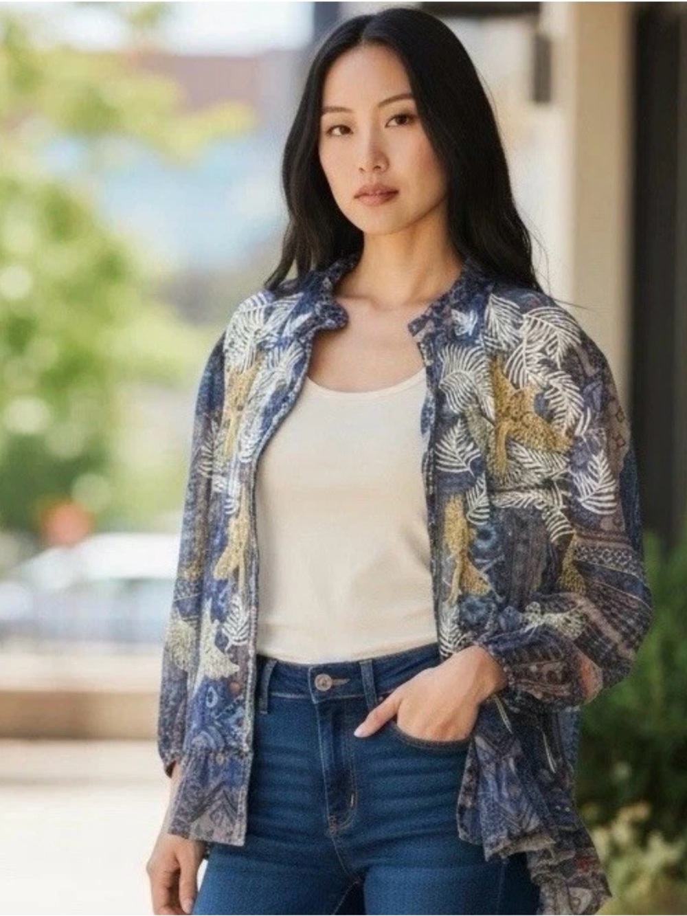 Johnny Was Noemie Mesh Blue Blouse XS Embroidered Phoenix Bird Sheer Top